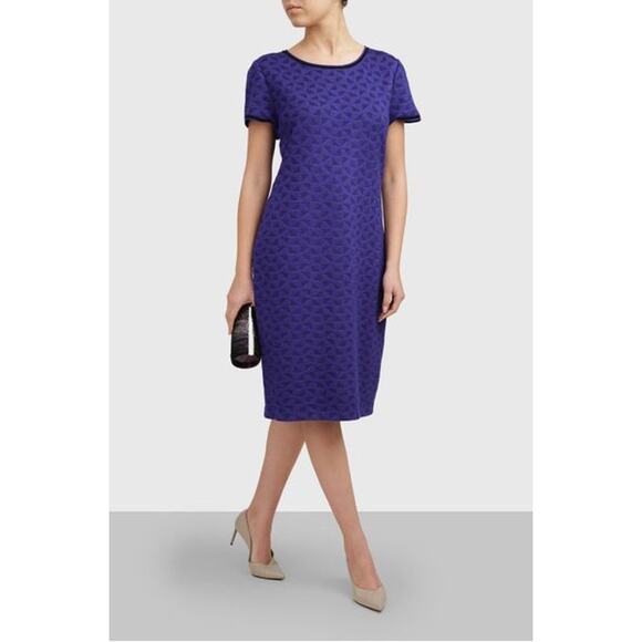 St. John Knit Sheath Dress Blue Geometric Print Wool Blend Short Sleeve 6 - Picture 1 of 6